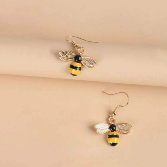 Bee Earrings Gold yellow black enamel gold on hypoallergenic ear wires - Picture 2 of 7